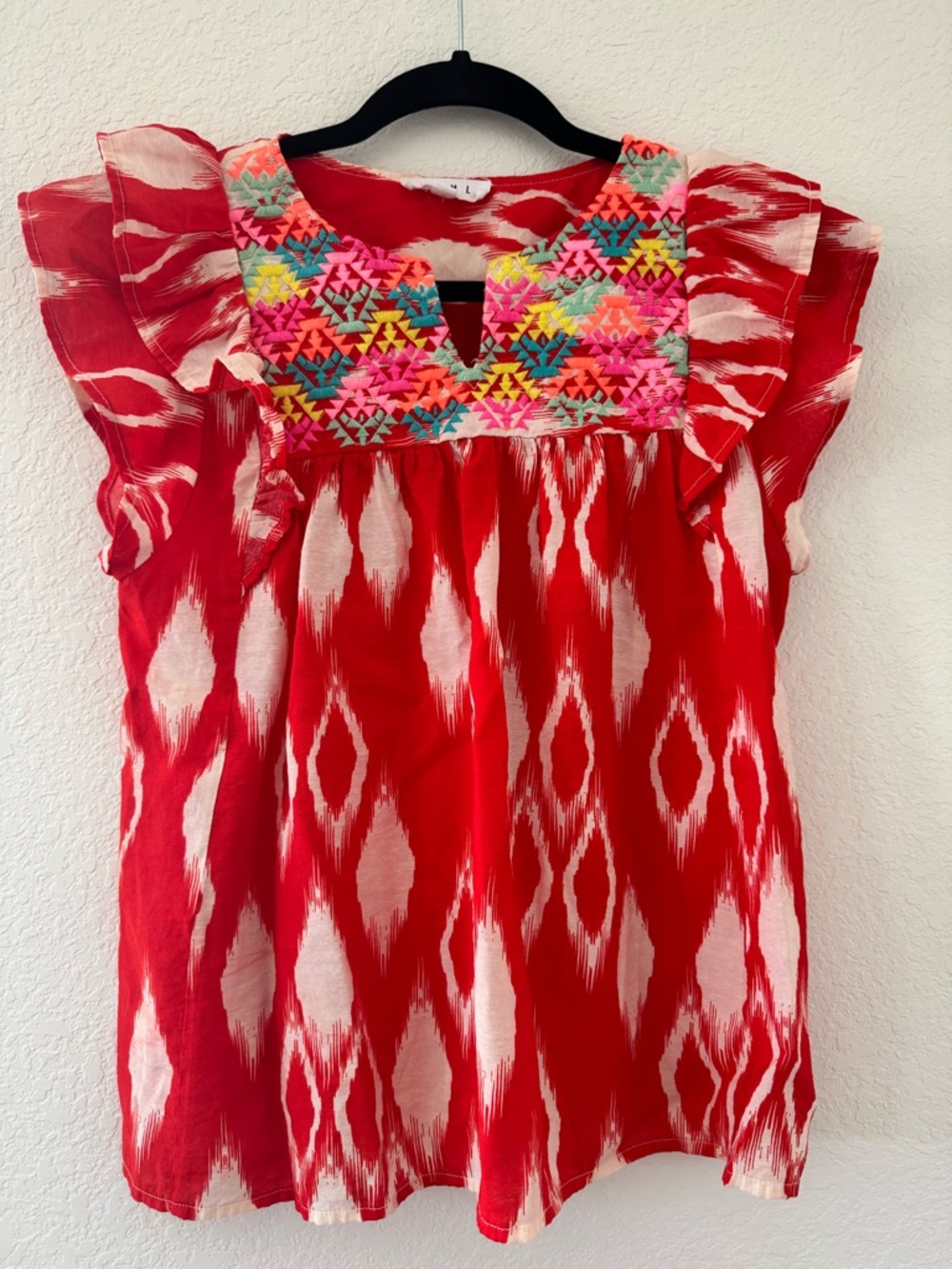 THML Embroidered Red Ikat Ruffle Sleeve Blouse